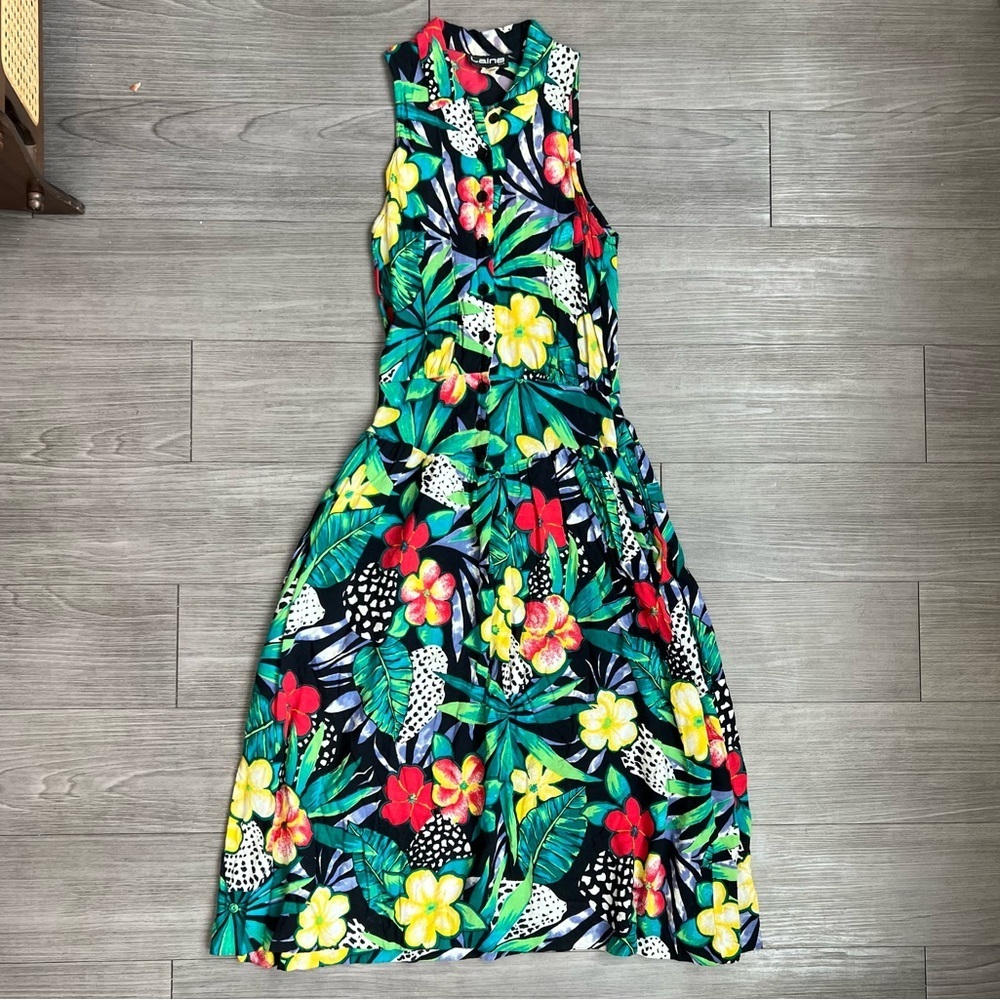 Vtg 80s Tropical Floral Collared Sleeveless Drop Waist Dress Laine USA Size 8
